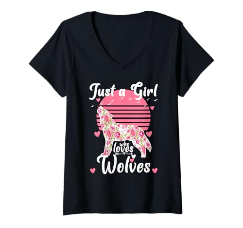 Damen Damen-Outfits mit Wolfsmotiv, Just A Girl Who Loves Wolves T-Shirt mit V-Ausschnitt von Girls Just A Girl Who Loves Wolves SL