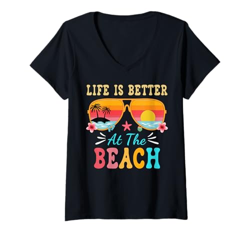 Damen Life is Better at The Beach Sonnenbrille Herren Damen Jungen Mädchen T-Shirt mit V-Ausschnitt von Girls Life is Better at The Beach Tees