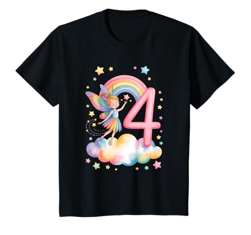 Mädchen 4. Geburtstag Fee Design Regenbogen Fee Elfe Geburtstag T-Shirt von Girls Magical Birthday Fairy Elf Birthday Tees