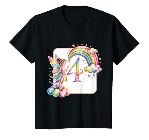 Mädchen 4. Geburtstag Fee Design Regenbogen Fee Elfe Geburtstag T-Shirt von Girls Magical Birthday Fairy Elf Birthday Tees