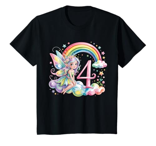 Mädchen 4. Geburtstag Fee Design Regenbogen Fee Elfe Geburtstag T-Shirt von Girls Magical Birthday Fairy Elf Birthday Tees