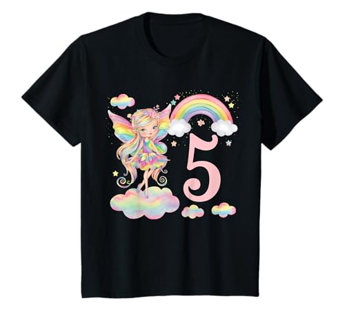 Mädchen 5. Geburtstag Fee Design Regenbogen Fee Elfe Geburtstag T-Shirt Mädchen 5. Geburtstag Fee Design Regenbogen Fee Elfe Geburtstag T-Shirt von Girls Magical Birthday Fairy Elf Birthday Tees