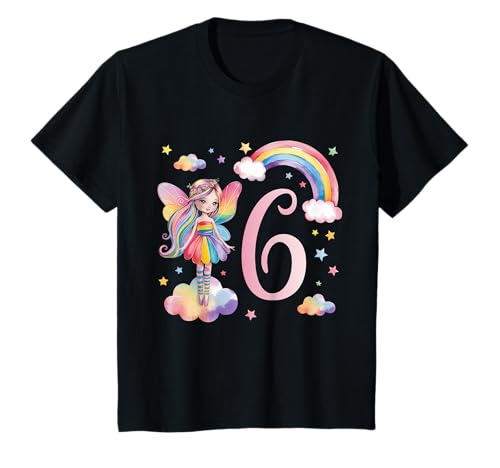 Mädchen 6. Geburtstag Fee Design Regenbogen Fee Elfe Geburtstag T-Shirt von Girls Magical Birthday Fairy Elf Birthday Tees