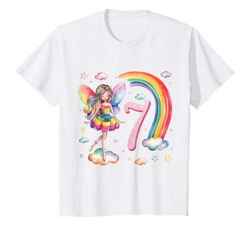 Mädchen 7. Geburtstag Fee Design Regenbogen Fee Elfe Geburtstag T-Shirt von Girls Magical Birthday Fairy Elf Birthday Tees