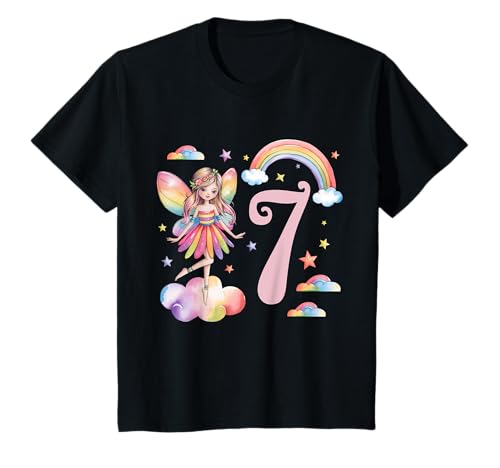 Mädchen 7. Geburtstag Fee Design Regenbogen Fee Elfe Geburtstag T-Shirt von Girls Magical Birthday Fairy Elf Birthday Tees