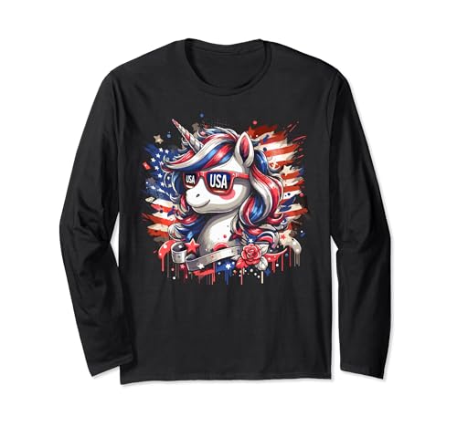 4th of July Patriotic Unicorn Vintage US Flag For Women Girl Langarmshirt von Girls Patriotic Unicorn Outfit for 4th of July USA