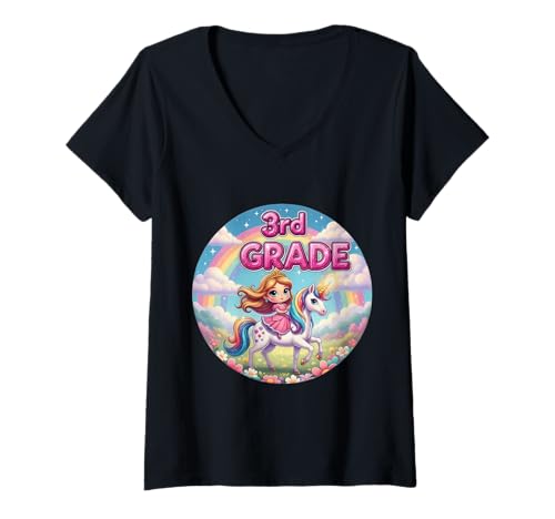Damen Mädchen Prinzessin Reiten Einhorn 2. Klasse Schuljahr T-Shirt mit V-Ausschnitt von Girls Princess Riding Unicorn 2nd Grade Merch