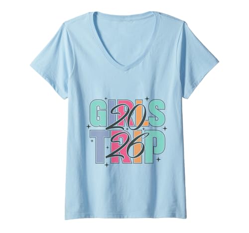 Damen Mädchenreise 2026 Passendes Outfit Urlaub T-Shirt mit V-Ausschnitt von Girls Trip 2026 Colorful Matching Travel Crew