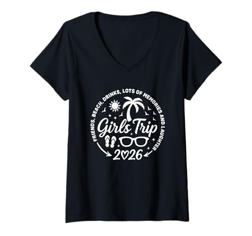Damen Mädchenausflug 2026 Freunde Beach Drinks Viele Erinnerungen Damen T-Shirt mit V-Ausschnitt Damen Mädchenausflug 2026 Freunde Beach Drinks Viele Erinnerungen Damen T-Shirt mit V-Ausschnitt von Girls Trip 2026 Cute Girls Weekend Summer Vacation