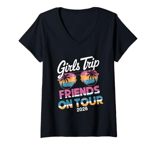 Damen MÄDCHEN Reise Freunde AUF Tour 2026 T-Shirt mit V-Ausschnitt von Girls Trip 2026 Lip Apparel