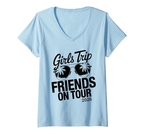 Damen MÄDCHEN Reise Freunde AUF Tour 2026 T-Shirt mit V-Ausschnitt von Girls Trip 2026 Lip Apparel