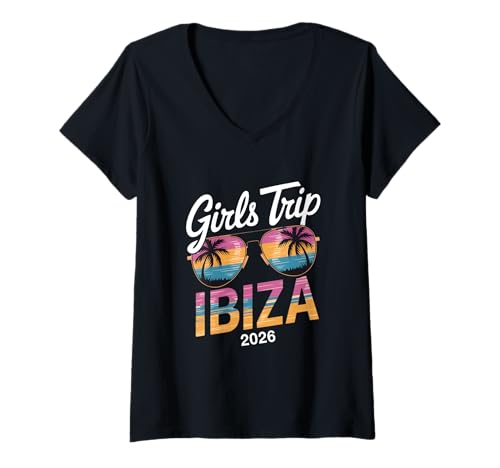 Damen MÄDCHEN Trip Ibiza 2026 T-Shirt mit V-Ausschnitt von Girls Trip 2026 Lip Apparel