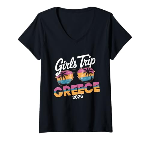 Damen MÄDCHENREISE GRIECHENLAND 2026 T-Shirt mit V-Ausschnitt von Girls Trip 2026 Lip Apparel