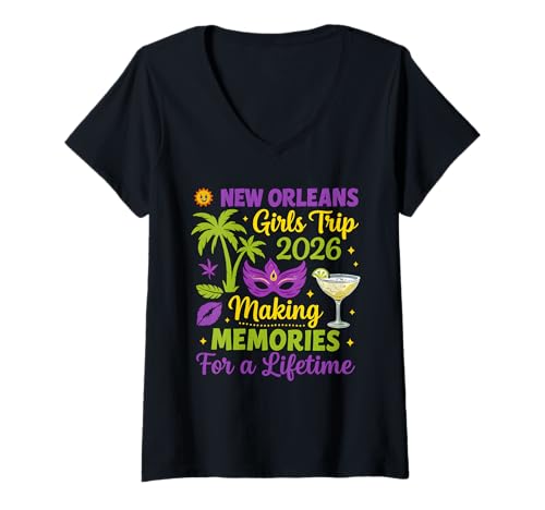 Damen New Orleans Girls Trip 2026 — Erinnerungen fürs Leben T-Shirt mit V-Ausschnitt Damen New Orleans Girls Trip 2026 — Erinnerungen fürs Leben T-Shirt mit V-Ausschnitt von Girls Trip Mardi Gras 2026 Family Matching Parade