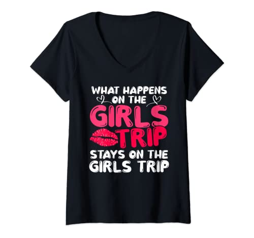 Damen Mädchen-Wochenendausflug What Happens On The Girls Trip T-Shirt mit V-Ausschnitt Damen Mädchen-Wochenendausflug What Happens On The Girls Trip T-Shirt mit V-Ausschnitt von Girls Weekend Trip Party Outfit