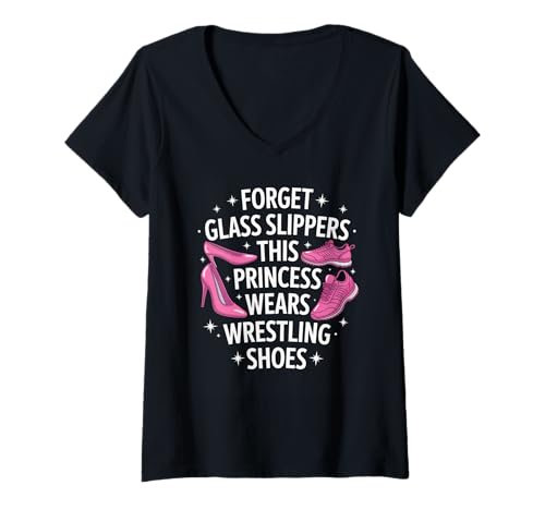 Damen Lustige Prinzessin Spruch trägt Wrestling Schuhe Humor Frauen T-Shirt mit V-Ausschnitt von Girls Wrestling Sports Lovers Strong Athlete Fans