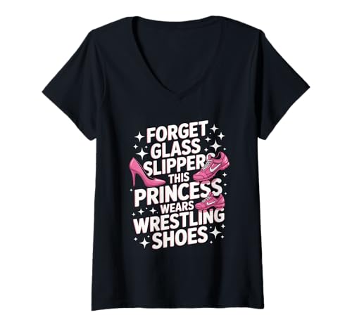 Damen Lustige Prinzessin Spruch trägt Wrestling Schuhe Humor Frauen T-Shirt mit V-Ausschnitt von Girls Wrestling Sports Lovers Strong Athlete Fans