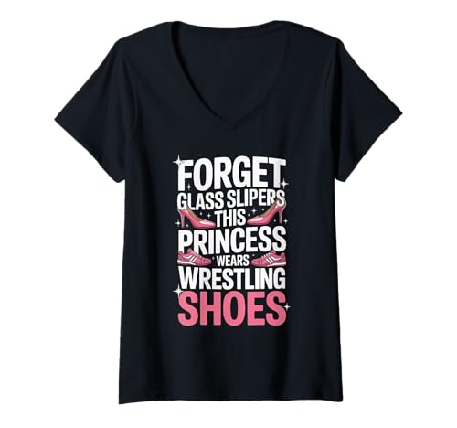Damen Lustige Prinzessin Spruch trägt Wrestling Schuhe Humor Frauen T-Shirt mit V-Ausschnitt von Girls Wrestling Sports Lovers Strong Athlete Fans