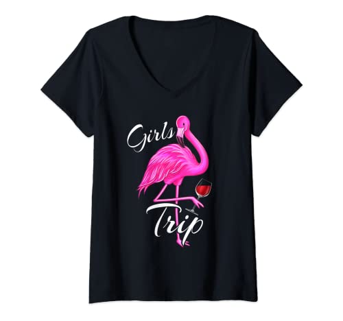 Damen Girls Trip Vacation Bachelorette Flamingo Rotwein Frauen T-Shirt mit V-Ausschnitt Damen Girls Trip Vacation Bachelorette Flamingo Rotwein Frauen T-Shirt mit V-Ausschnitt von Girls party Flamingo and Wine Lover