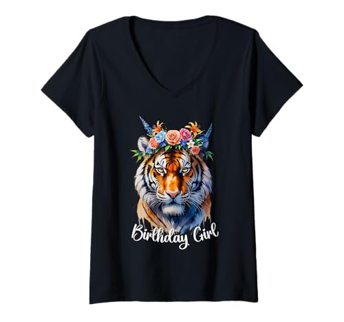 Damen Tiger Geburtstagsmädchen Süßer Zoo Motto Party Outfit Safari 6-12 T-Shirt mit V-Ausschnitt Damen Tiger Geburtstagsmädchen Süßer Zoo Motto Party Outfit Safari 6-12 T-Shirt mit V-Ausschnitt von Girls who love Tigers Big Cats Wild Animal Florals