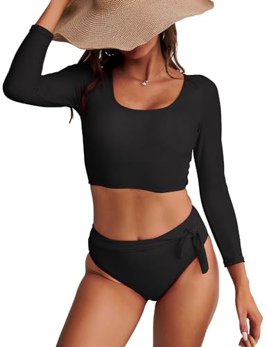 GirlsUpto Zweiteiliger Damen-Badeanzug, hohe Taille, Rashguard, langärmelig, Bademode, bauchfreies Top, Teenager, Mädchen, Bikini schwarz, XL von GirlsUpto