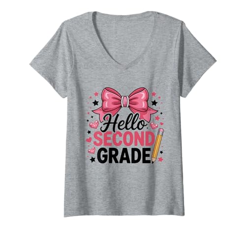Damen Niedliche zweite Klasse Mädchen zurück zur Schule Schleife und Bleistift Grafik T-Shirt mit V-Ausschnitt Damen Niedliche zweite Klasse Mädchen zurück zur Schule Schleife und Bleistift Grafik T-Shirt mit V-Ausschnitt von Girly Grade Vibes