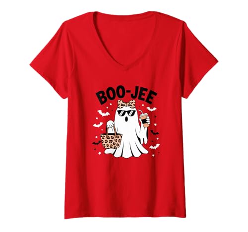 Damen Boo-JEE Ghost Halloween für Kaffeeliebhaber mit Leopardenschleife T-Shirt mit V-Ausschnitt Damen Boo-JEE Ghost Halloween für Kaffeeliebhaber mit Leopardenschleife T-Shirt mit V-Ausschnitt von Girly Halloween