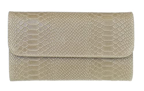 Girly Handbags Clutch aus Wildleder mit Schlangenmuster aus italienischem Leder Taupe von Girly Handbags