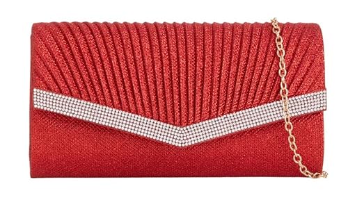 Girly Handbags Glitzernde Clutch für Damen – Abendhandtasche mit V-förmigem Rahmen und Kettenriemen mit Strasssteinen – Handtasche für Hochzeiten, Partys und formelle Anlässe Rot von Girly Handbags