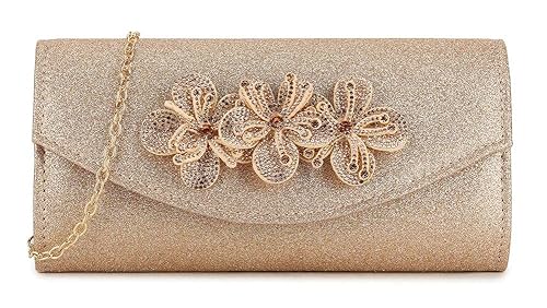 Girly Handbags Glitzernde Clutch für Damen mit floraler Strassverzierung – Abendhandtasche mit goldenem Kettenriemen Gold von Girly Handbags