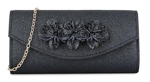Girly Handbags Glitzernde Clutch für Damen mit floraler Strassverzierung – Abendhandtasche mit goldenem Kettenriemen Marine von Girly Handbags
