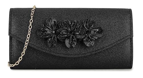 Girly Handbags Glitzernde Clutch für Damen mit floraler Strassverzierung – Abendhandtasche mit goldenem Kettenriemen Schwarz von Girly Handbags