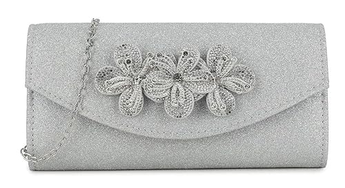 Girly Handbags Glitzernde Clutch für Damen mit floraler Strassverzierung – Abendhandtasche mit goldenem Kettenriemen Silber von Girly Handbags