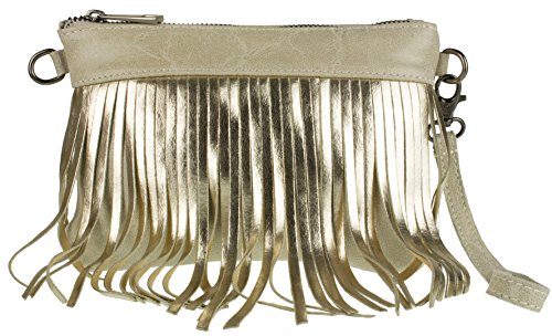 Girly Handbags Italienische Clutch aus metallischem Wildleder mit Fransen Beige von Girly Handbags