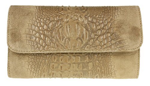 Girly Handbags Schlichte Clutch aus italienischem Wildleder mit Krokodilmuster Khaki von Girly Handbags