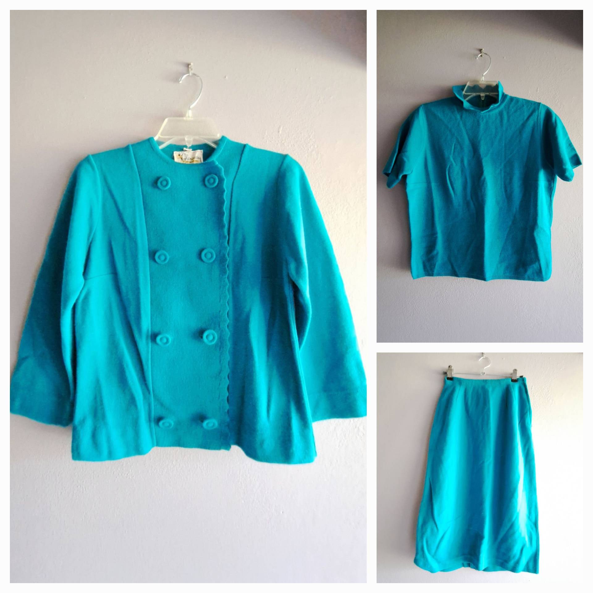 1950Er Original 3-Teiliger Anzug, Rock, Jacke, Oberteil, Petrol, Größe Small, Mitte Des Jahrhunderts, Orlon Acrylic, Griechenland von GirlyStuffByDeJaVu