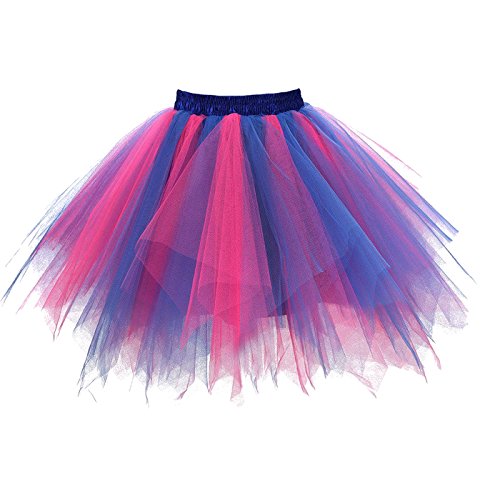 Girstunm Fasnacht Kostüm Damen Tutu Tüllrock 50er Vintage Tüllrock Petticoat Mehrfarbig Bubble Tanzkleid Rock Unterrock Tütü Kurz Ballett Blau Fuchsie Medium von Girstunm