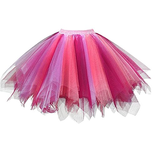 Girstunm Damen Tutu Tüllrock 50er Vintage Tüllrock Petticoat Mehrfarbig Bubble Tanzkleid Rock Unterrock Tütü Kurz Ballett Koralle Fuchsie X-Large von Girstunm