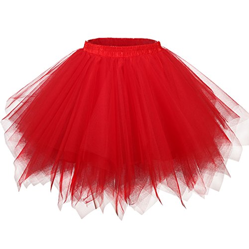 Girstunm Damen Tutu Tüllrock 50er Vintage Tüllrock Petticoat Mehrfarbig Bubble Tanzkleid Rock Unterrock Tütü Kurz Ballett Rot Medium von Girstunm