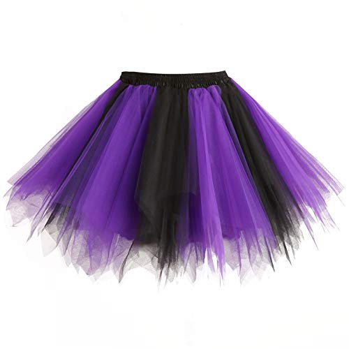 Girstunm Fastnacht Kostüm Damen Tutu Tüllrock 50er Vintage Tüllrock Petticoat Mehrfarbig Bubble Tanzkleid Rock Unterrock Tütü Kurz Ballett Schwarz Lila Medium von Girstunm