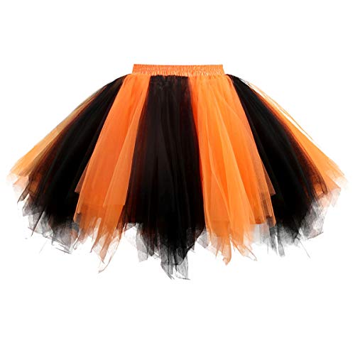 Girstunm Damen Tutu Tüllrock 50er Vintage Tüllrock Petticoat Mehrfarbig Bubble Tanzkleid Rock Unterrock Tütü Kurz Ballett Schwarz Orange Medium von Girstunm