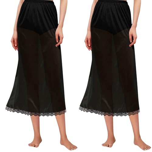 Girstunm Pack of 2 Halbe Slips für Frauen Langer Unterrock Antistatische Spitze Bottoming Rock Slips für Unterkleider 69cm Black Small von Girstunm