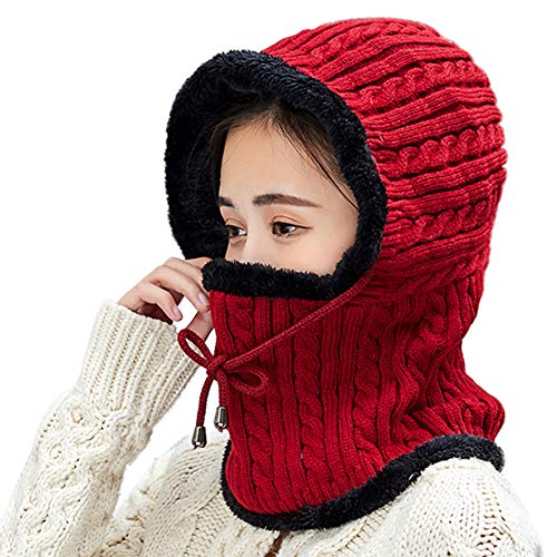 Gisdanchz Warme Slouch Beanie Haube Hut Winter Strickmütze Wollmütze Knitted Hat Balaclava Damen Herren Sturmhaube Ski Snowboard Maske Mundschutz Loop Fleece Schal Skifahren Neck Warmer Burgund von Gisdanchz