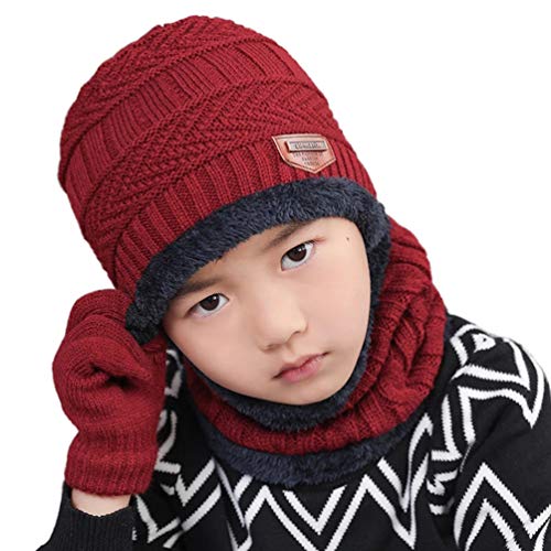 Gisdanchz Winter Mütze Schal Set Jungen Strickmütze Wintermützen Beanie Mädchen Kinderhandschuhe Schlauchschal Kindermütze Schlupfmütze Kindermützen Wintermütze Mütze Loop Schal Kinder Burgund von Gisdanchz