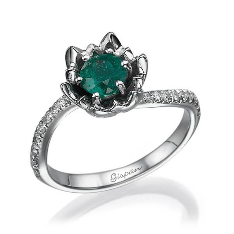 Blumen Grüner Smaragd Diamant Ring 585Er Weißgold, Einzigartiger Verlobungsring, Versprechensring, Statementring, Cocktailring von Gispandiamonds