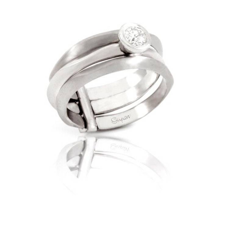 Einzigartige Verlobungsring 14K Solid White Gold Bezel Runde Diamant Matt Band von Gispandiamonds