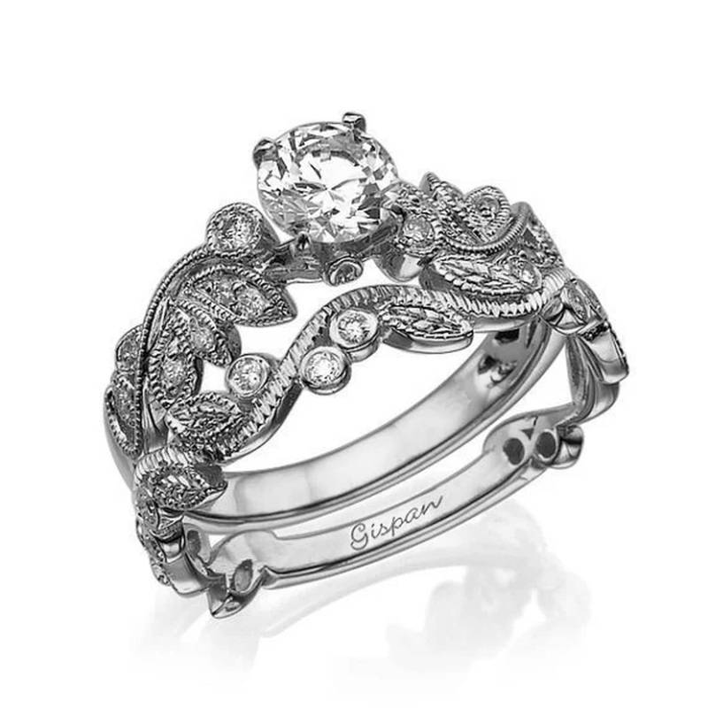 Moissanit Verlobungsring Set, Blätter Verlobungsringe, Alternative Ring, Weißgold Ringe, Eheringe, Diamant Gold Set von Gispandiamonds