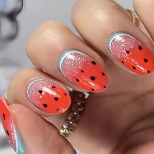 24 Pcs Mandelpresse Nägeln Wassermelonen Französische Spitzen Gefälschte Nägel Acryl False Nails Künstliche Klebstoffe Auf Für Frauen Acrylkleber Nagel Für Frauen Klar von Gissroys
