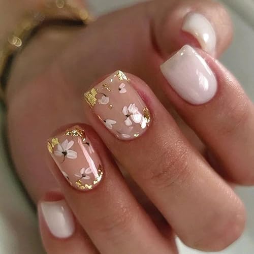 24pcs Kurzquadratische Presse Auf Nägeln Weiße Blumenmuster Goldfolie Falsche Nägel Kleben Für Frauen Und Mädchen Nagelkunstzubehör Accessoires von Gissroys