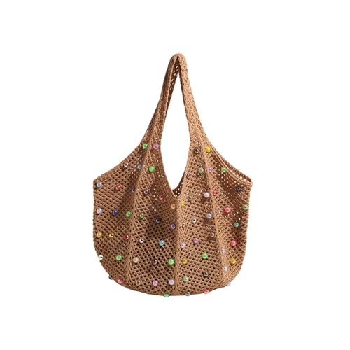 Bohomian Häkchen Beach Umhängetasche Für Frauen Strick Unterarmbeutel Mit Farbenfrohen Perlen Und Handtasche Mit Großer Kapazität Farbiger Perlen von Gissroys